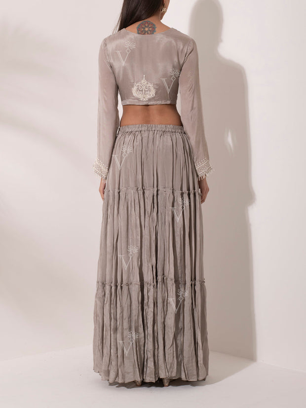 Light Grey Wrinkle Crepe Lehenga Set