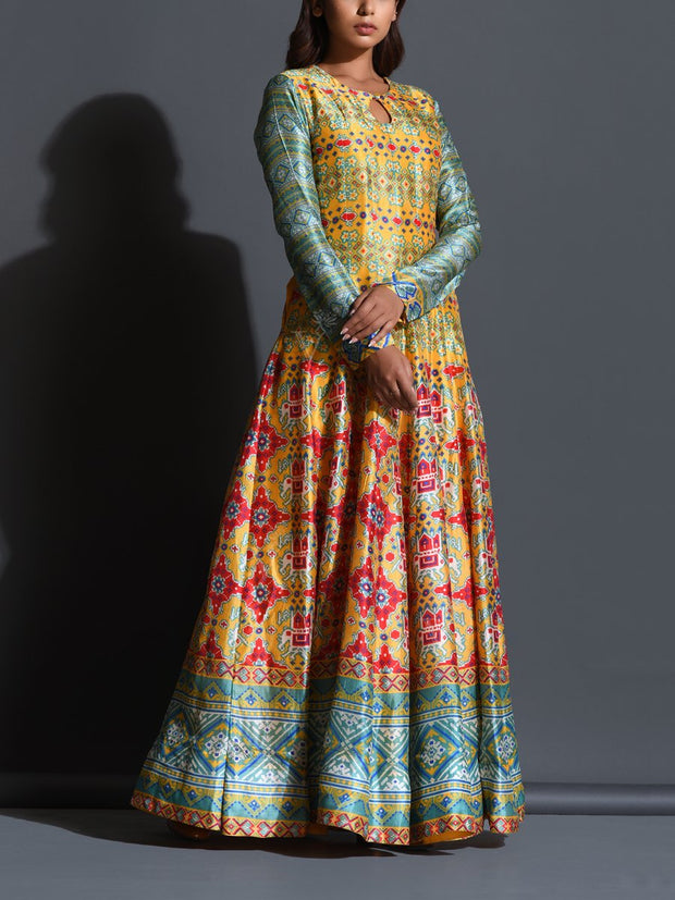 Yellow Patola Handcrafted Anarkali Gown