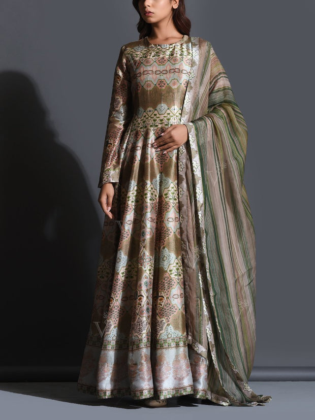 Moss Green Printed Anarkali Gown