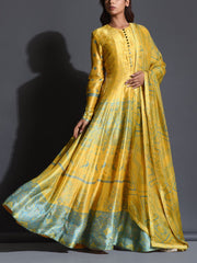 Yellow Silk Printed Anarkali Gown