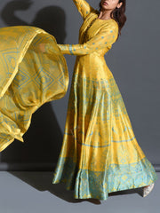 Yellow Silk Printed Anarkali Gown