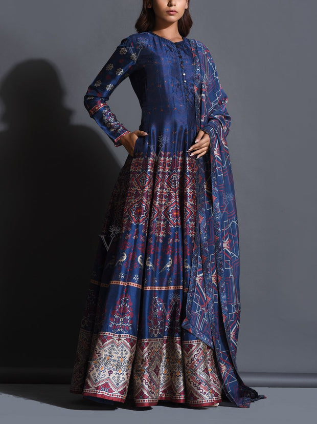 Mid Night Blue Silk Printed Anarkali Gown