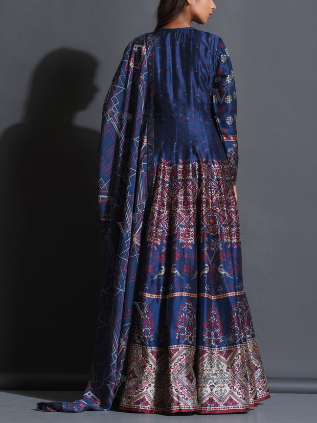 Mid Night Blue Silk Printed Anarkali Gown