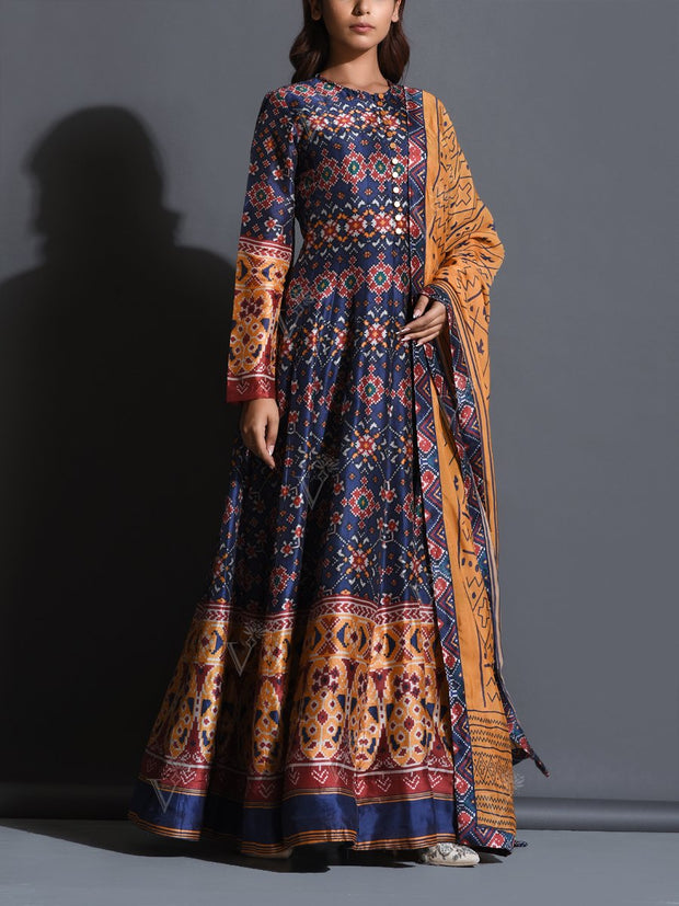 Navy Blue Patola Handcrafted Anarkali Gown