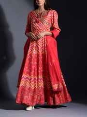 Red Vasansi Silk Leheriya Anarkali gown