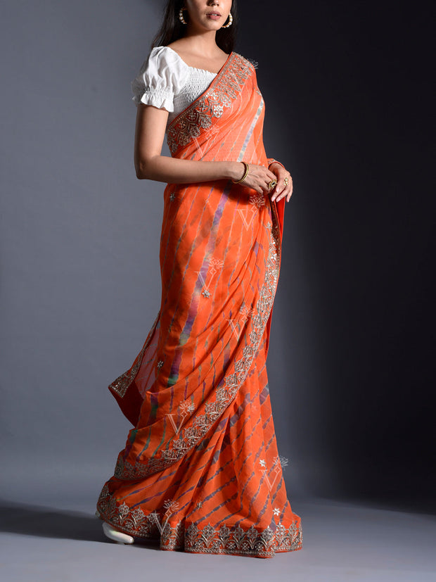 Orange Georgette Leheriya Saree