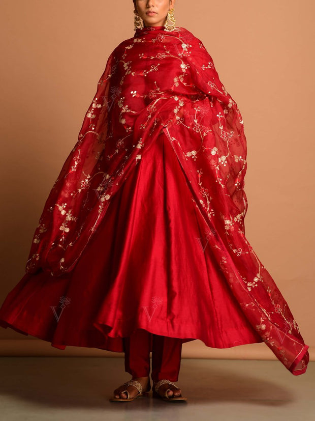 Deep Red Organza Embroidery Dupatta