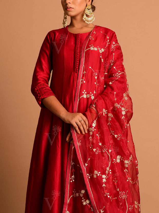 Deep Red Organza Embroidery Dupatta