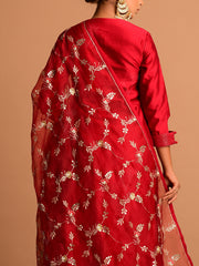 Deep Red Organza Embroidery Dupatta