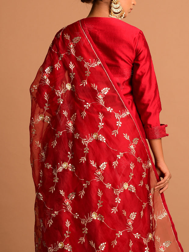 Deep Red Organza Embroidery Dupatta