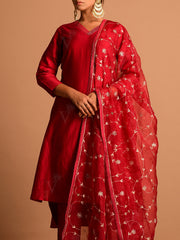 Deep Red Organza Embroidery Dupatta