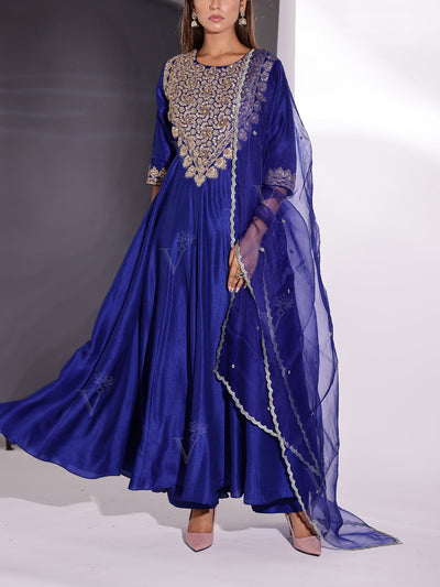 Blue Silk Embroidered Suit Set