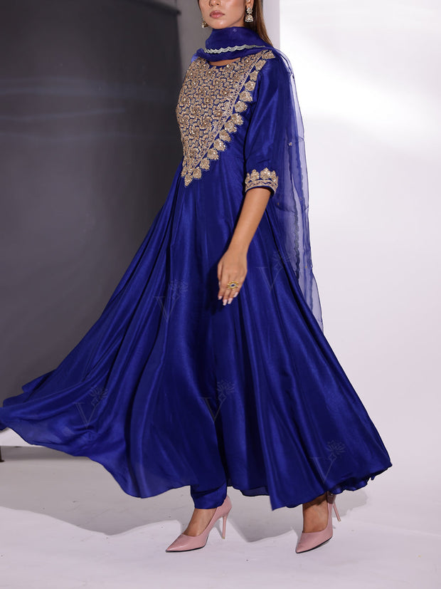 Blue Silk Embroidered Suit Set