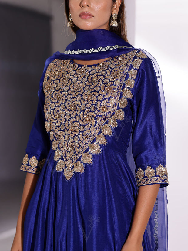 Blue Silk Embroidered Suit Set