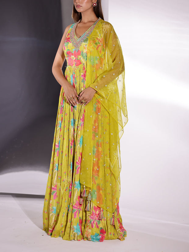 Lime Green Georgette Printed Gown