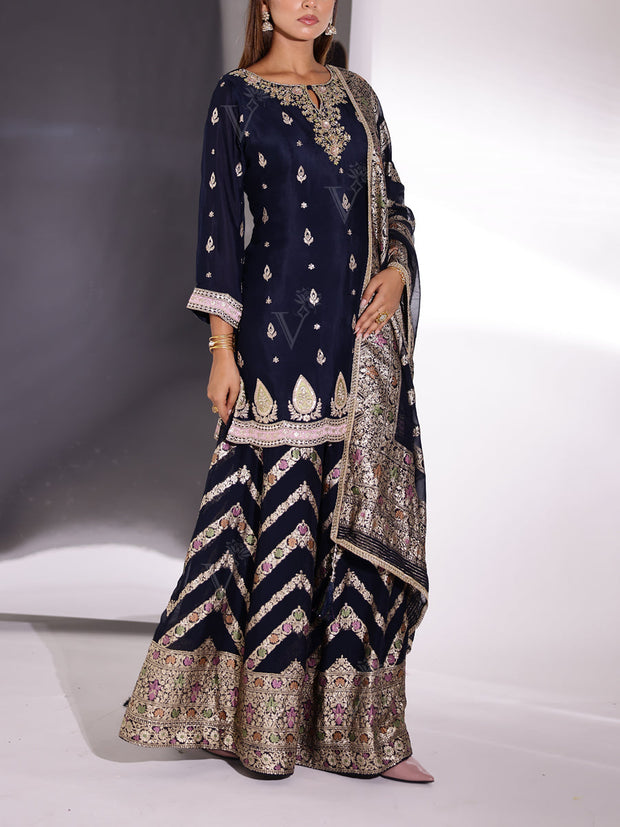 Blue Wrinkle Crepe Kurta and Palazzo Set