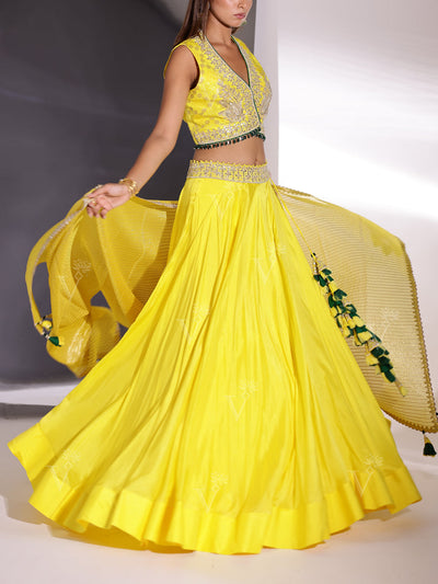 Yellow Silk Embroidered Lehenga Set