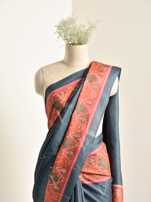 Grey Tussar Silk Saree