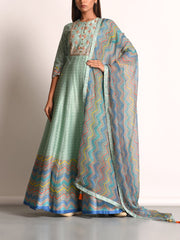 Mint Green Pure Chanderi Handcrafted Anarkali Gown