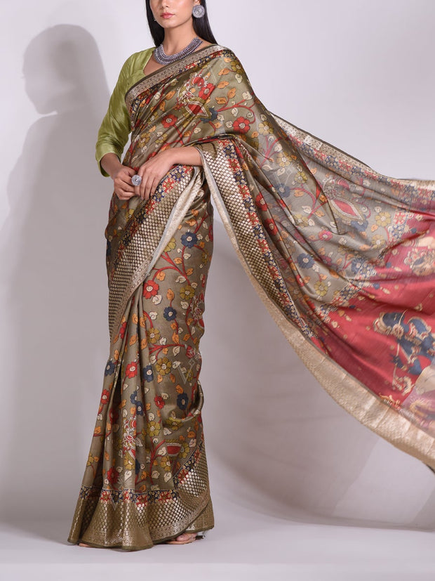 Grey Tussar Printed Saree