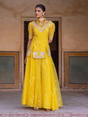 Lemon Yellow Silk Short Kurta and Palazzo Set