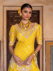 Lemon Yellow Silk Short Kurta and Palazzo Set