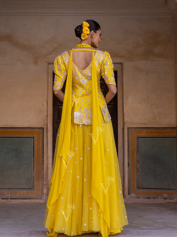 Lemon Yellow Silk Short Kurta and Palazzo Set