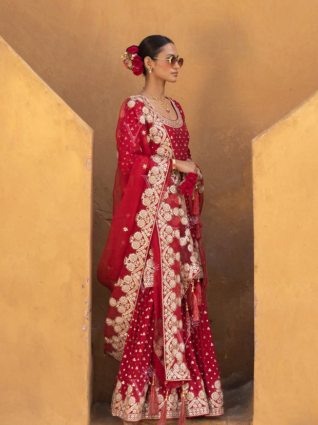 Red Silk Embroidered Gota Patti Sharara Set