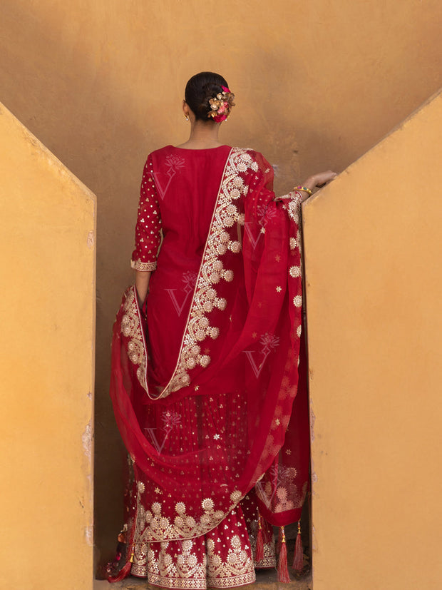 Red Silk Embroidered Gota Patti Sharara Set