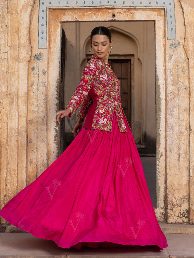 Pink Silk Zardozi Jacket and Skirt Set