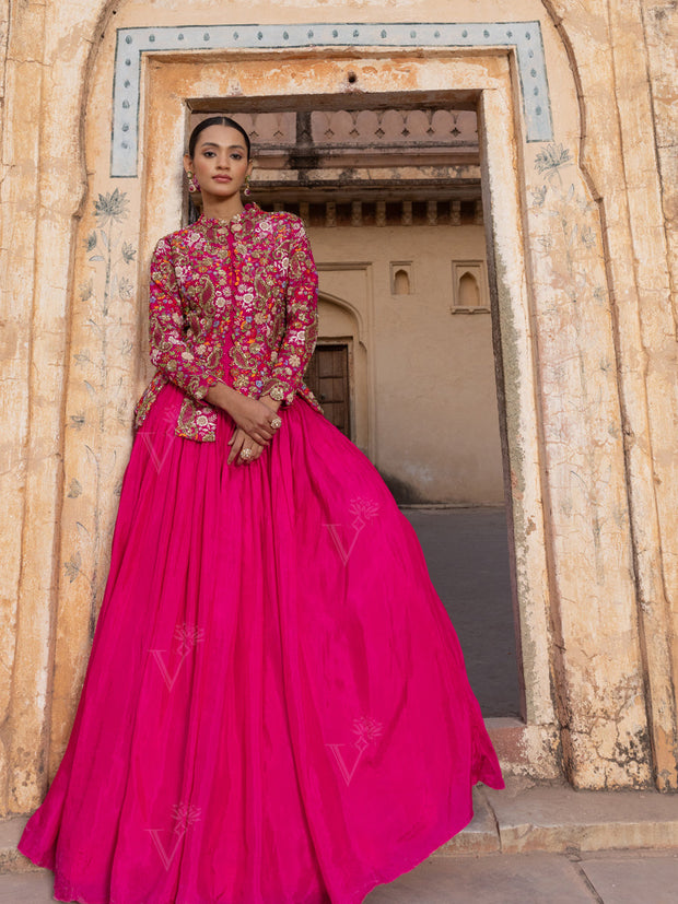 Pink Silk Zardozi Jacket and Skirt Set