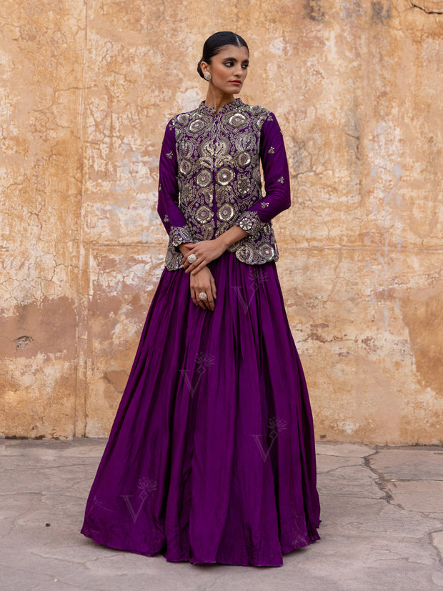 Violet Silk Embroidered Jacket and Skirt Set