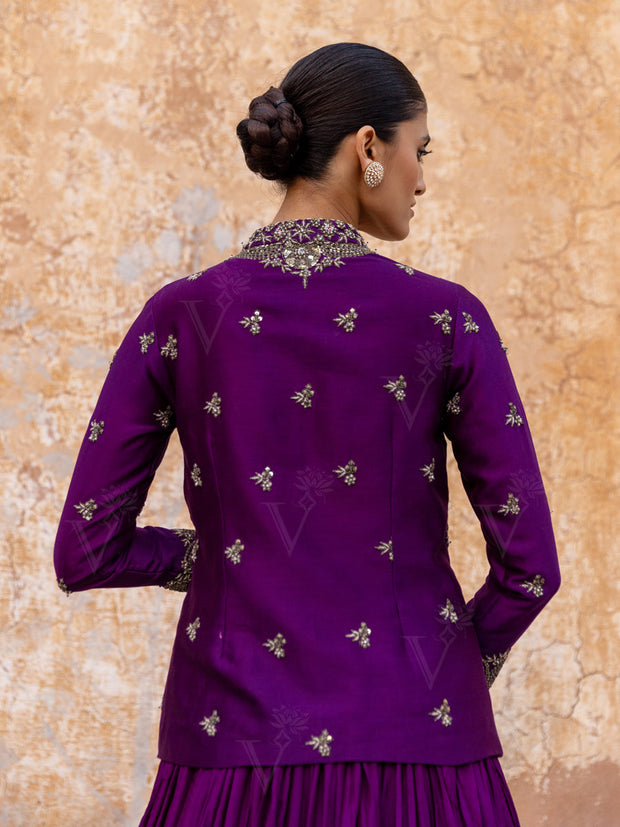 Violet Silk Embroidered Jacket and Skirt Set