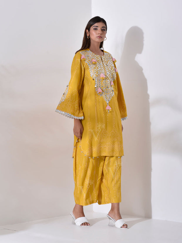 Mustard Yellow Asymmetric Kurta Pant Set