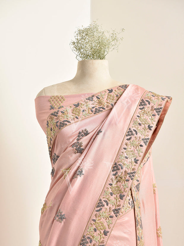 Light Pink Silk Zardozi Saree