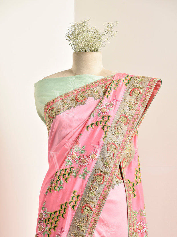 Pink Silk Zardozi Saree