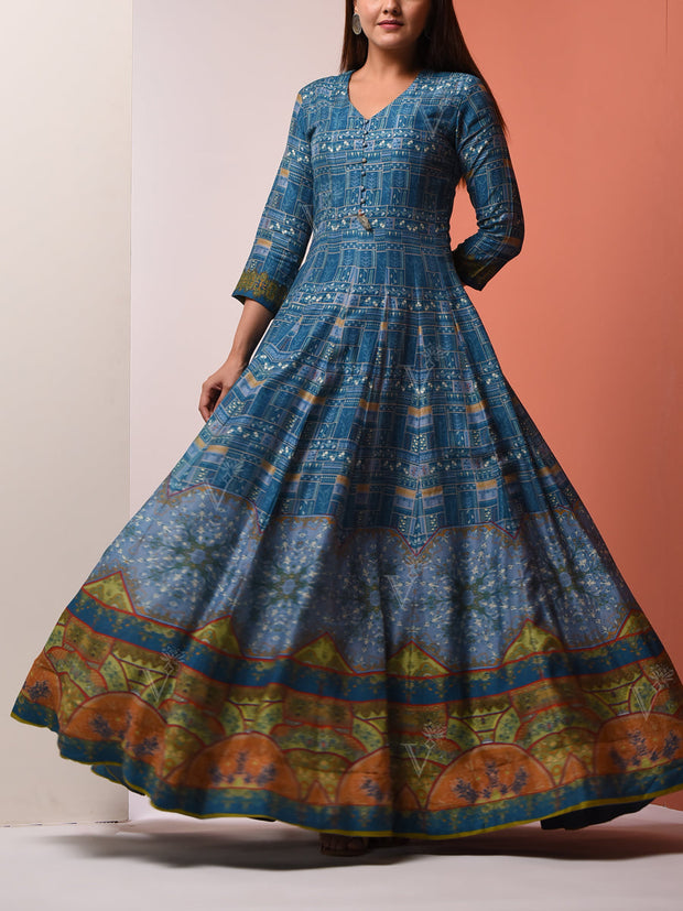 Blue Vasansi Silk Printed Anarkali Gown