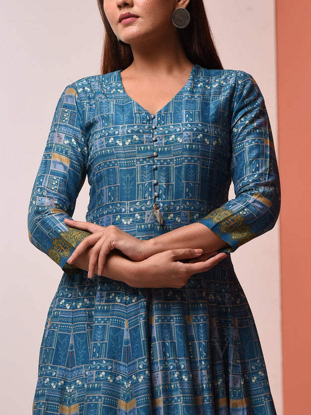 Blue Vasansi Silk Printed Anarkali Gown