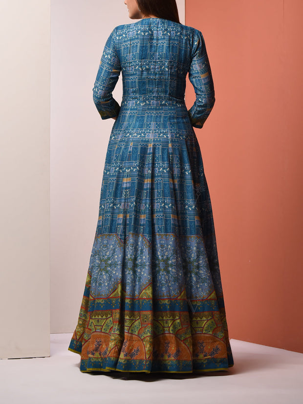 Blue Vasansi Silk Printed Anarkali Gown