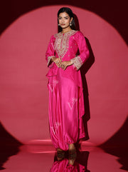 Pink Silk Kurta with Cape and Herum Pants