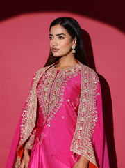 Pink Silk Kurta with Cape and Herum Pants