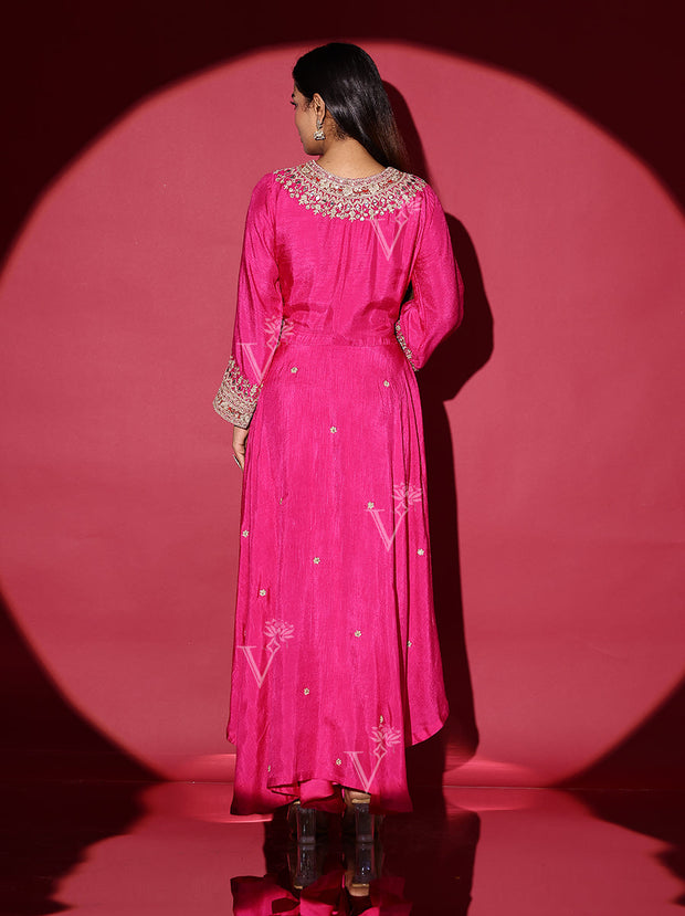 Pink Silk Kurta with Cape and Herum Pants