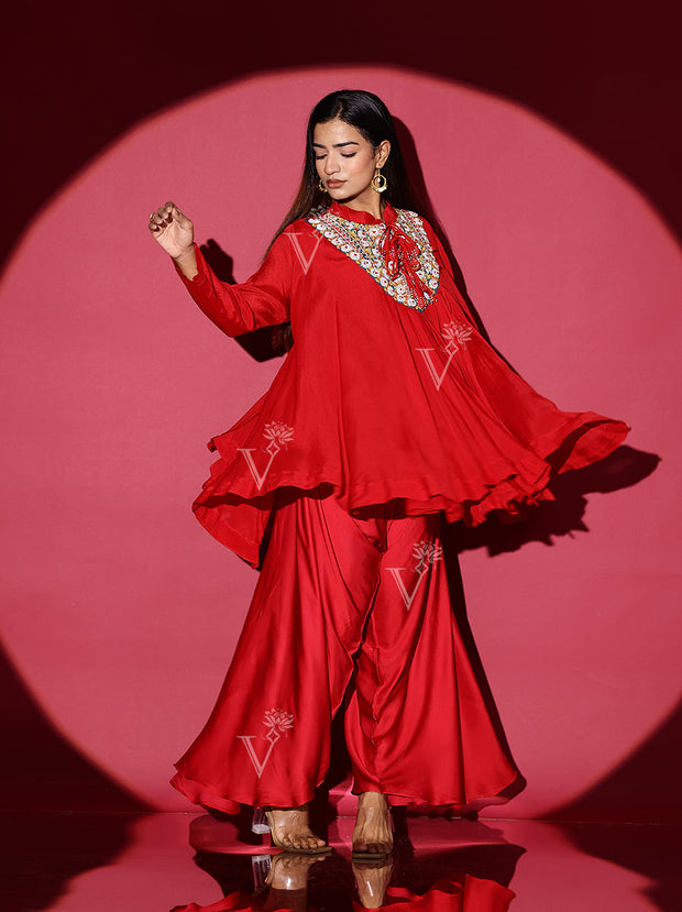 Red Crepe Asymmetric Top and Dhoti Pants Set