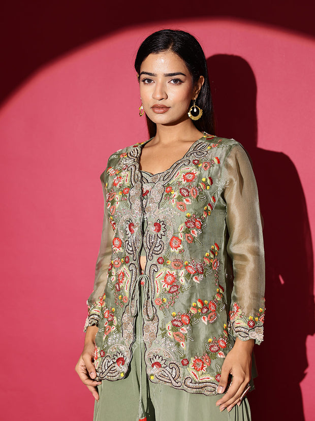 Moss Green Embroidered Jacket and Palazzo Set