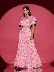 Pink Wrinkle Printed Crop Top and Skirt Set