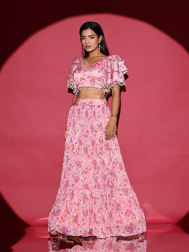 Pink Wrinkle Printed Crop Top and Skirt Set