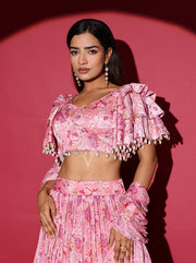 Pink Wrinkle Printed Crop Top and Skirt Set