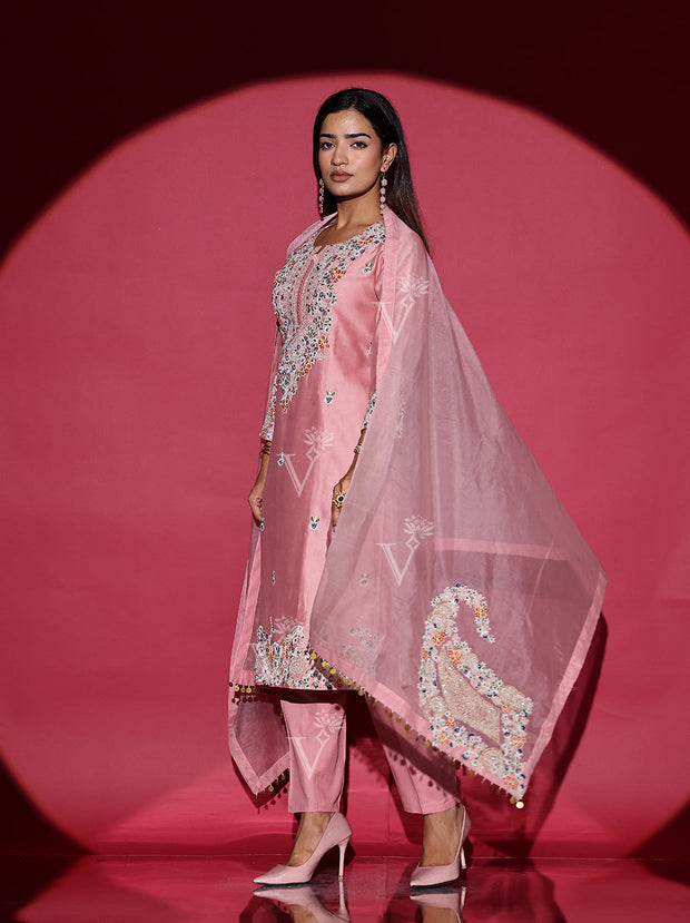 Pink Embroidered Cotton Silk Suit Set