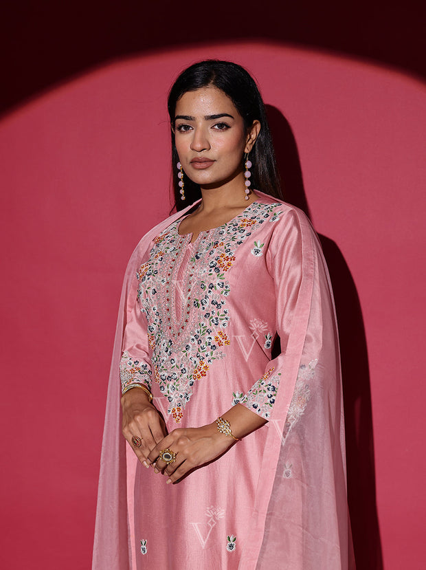 Pink Embroidered Cotton Silk Suit Set