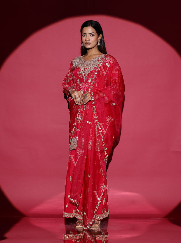 Ruby Pink Bandhani Kurta and Palazzo Set